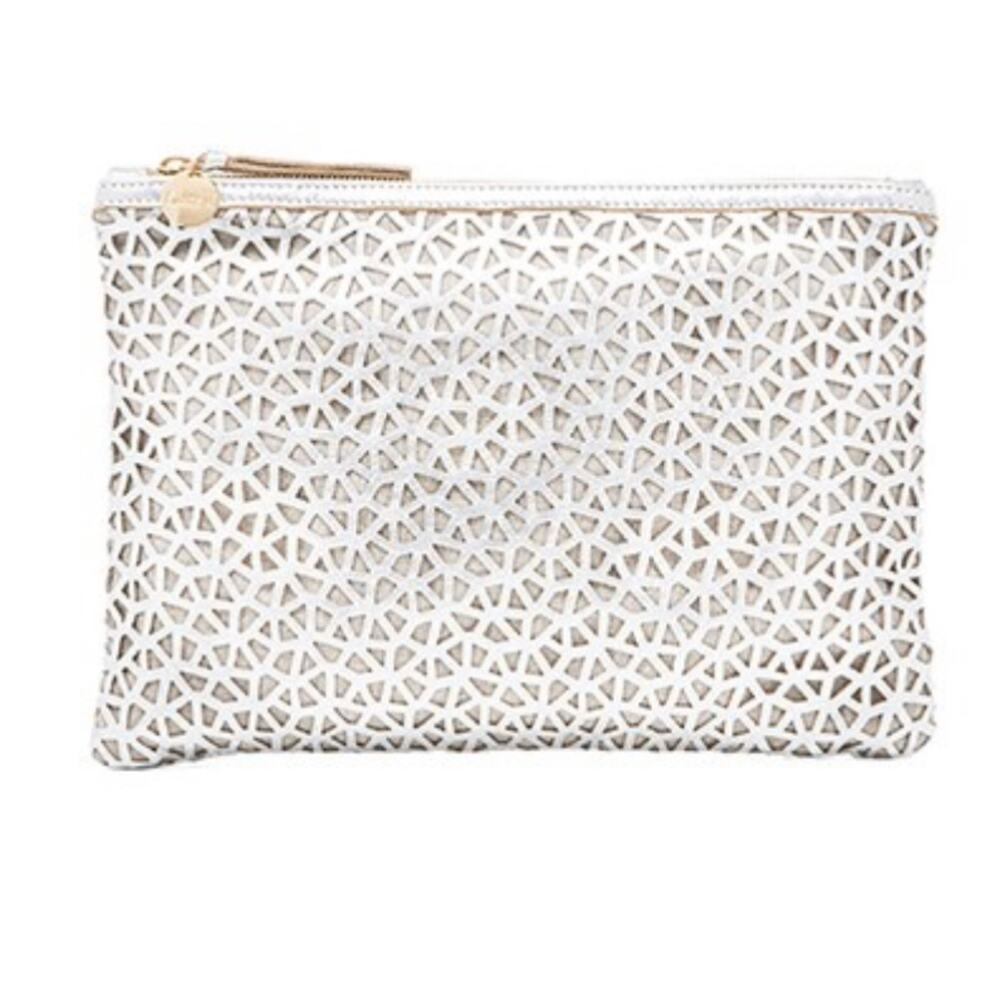Clare V Leather Flat Clutch in Silver Lasercut Leather